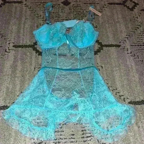 Victoria Secret Lingerie Babydoll Light Blue Wicked Lace Apron Tie Up Underwire - Picture 1 of 7